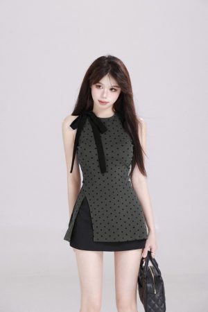 Polka Dot Sleeveless Bow Top and Skirt Set Dress for Women, High-End Black Summer Outfit, Chic 90s Style