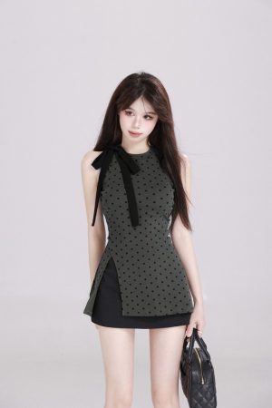 Polka Dot Sleeveless Bow Top and Skirt Set Dress for Women, High-End Black Summer Outfit, Chic 90s Style