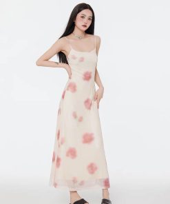 Popular Girl Style, Tops Ideas Aesthetic - Floral Mesh Spaghetti Strap Maxi Dress