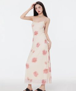 Popular Girl Style, Tops Ideas Aesthetic - Floral Mesh Spaghetti Strap Maxi Dress