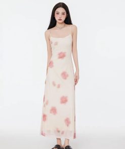 Popular Girl Style, Tops Ideas Aesthetic - Floral Mesh Spaghetti Strap Maxi Dress