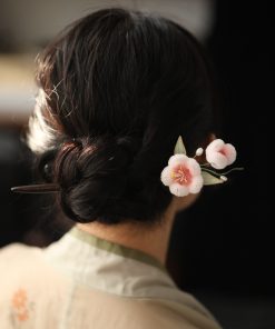 Powder Pink Velvet Floral Hairpin for Girls - Chinese-Style Ancient Hanfu Updo Accessory, Black Sandalwood Detail, Autumn Winter Fashion