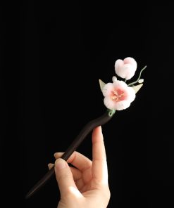 Powder Pink Velvet Floral Hairpin for Girls - Chinese-Style Ancient Hanfu Updo Accessory, Black Sandalwood Detail, Autumn Winter Fashion