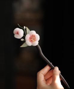 Powder Pink Velvet Floral Hairpin for Girls - Chinese-Style Ancient Hanfu Updo Accessory, Black Sandalwood Detail, Autumn Winter Fashion