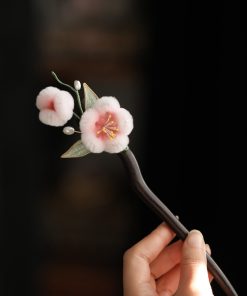 Powder Pink Velvet Floral Hairpin for Girls - Chinese-Style Ancient Hanfu Updo Accessory, Black Sandalwood Detail, Autumn Winter Fashion