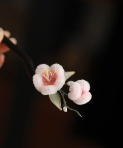 Powder Pink Velvet Floral Hairpin for Girls - Chinese-Style Ancient Hanfu Updo Accessory, Black Sandalwood Detail, Autumn Winter Fashion