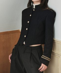 Premium Feel Gold Thread Woven Ribbon Stand Collar 50% Wool Blend Loose Short Coat for Women - Chic Layering Essential