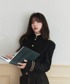 Premium Feel Gold Thread Woven Ribbon Stand Collar 50% Wool Blend Loose Short Coat for Women - Chic Layering Essential