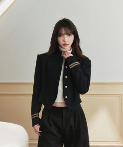 Premium Feel Gold Thread Woven Ribbon Stand Collar 50% Wool Blend Loose Short Coat for Women - Chic Layering Essential