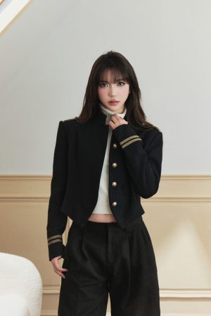 Premium Feel Gold Thread Woven Ribbon Stand Collar 50% Wool Blend Loose Short Coat for Women - Chic Layering Essential
