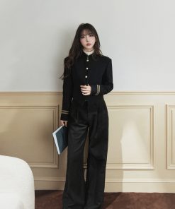 Premium Feel Gold Thread Woven Ribbon Stand Collar 50% Wool Blend Loose Short Coat for Women - Chic Layering Essential