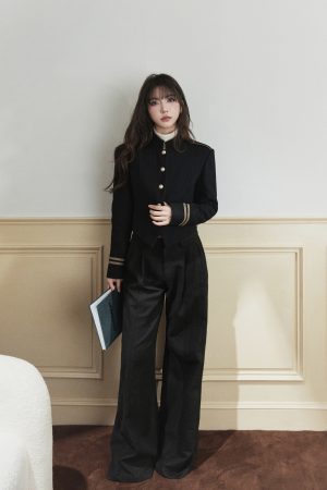 Premium Feel Gold Thread Woven Ribbon Stand Collar 50% Wool Blend Loose Short Coat for Women - Chic Layering Essential