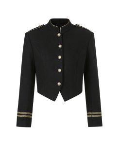 Premium Feel Gold Thread Woven Ribbon Stand Collar 50% Wool Blend Loose Short Coat for Women - Chic Layering Essential