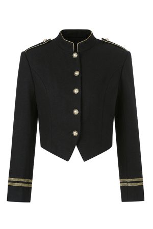 Premium Feel Gold Thread Woven Ribbon Stand Collar 50% Wool Blend Loose Short Coat for Women - Chic Layering Essential