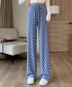 Print T Shirt Outfit, Downtown Outfits School - Y2K Checkered Sweatpants