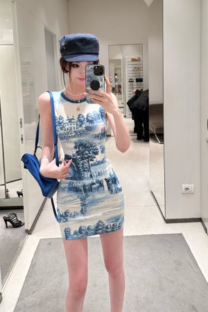 Printed Sleeveless Dress for Women - Moon Vera Porcelain Rhythm Blue and White, Elegant High-End Tank Dress, 90s Style