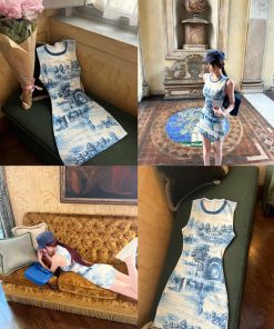 Printed Sleeveless Dress for Women - Moon Vera Porcelain Rhythm Blue and White, Elegant High-End Tank Dress, 90s Style