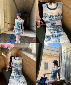 Printed Sleeveless Dress for Women - Moon Vera Porcelain Rhythm Blue and White, Elegant High-End Tank Dress, 90s Style