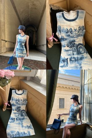 Printed Sleeveless Dress for Women - Moon Vera Porcelain Rhythm Blue and White, Elegant High-End Tank Dress, 90s Style
