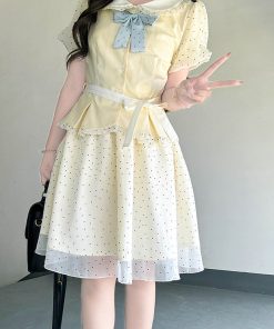 Pudding Bear JK Uniform College Style Doll Collar Top and Polka Dot Skirt Set for Women - Sweet Summer Outfit