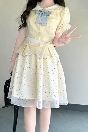 Pudding Bear JK Uniform College Style Doll Collar Top and Polka Dot Skirt Set for Women - Sweet Summer Outfit