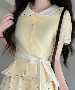 Pudding Bear JK Uniform College Style Doll Collar Top and Polka Dot Skirt Set for Women - Sweet Summer Outfit