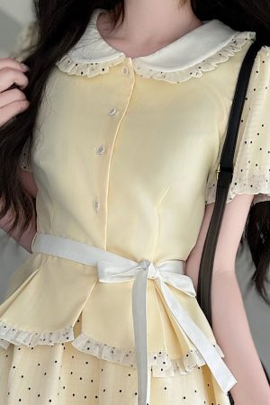 Pudding Bear JK Uniform College Style Doll Collar Top and Polka Dot Skirt Set for Women - Sweet Summer Outfit