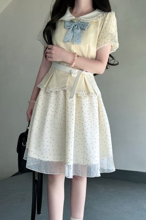 Pudding Bear JK Uniform College Style Doll Collar Top and Polka Dot Skirt Set for Women - Sweet Summer Outfit