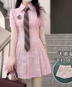 Pudding Bear Waist-Cinching A-Line Short Dress for Women - Striped Pink Spring/Summer Fashion