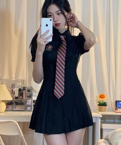 Pudding Bear Waist-Cinching A-Line Short Dress for Women - Striped Pink Spring/Summer Fashion