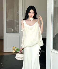 Puff Pleated Spaghetti Strap Dress - Elegant French Style Sleeveless Vacation Dress for Women - Spring Summer 90s Inspired Fashion