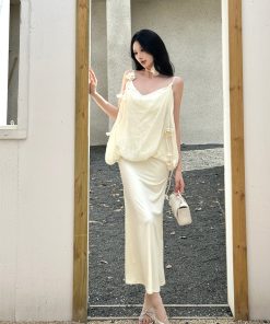 Puff Pleated Spaghetti Strap Dress - Elegant French Style Sleeveless Vacation Dress for Women - Spring Summer 90s Inspired Fashion