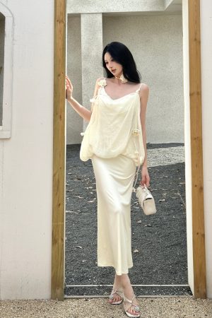 Puff Pleated Spaghetti Strap Dress - Elegant French Style Sleeveless Vacation Dress for Women - Spring Summer 90s Inspired Fashion