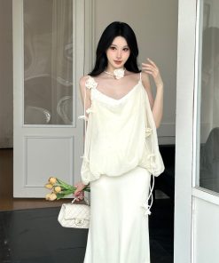 Puff Pleated Spaghetti Strap Dress - Elegant French Style Sleeveless Vacation Dress for Women - Spring Summer 90s Inspired Fashion