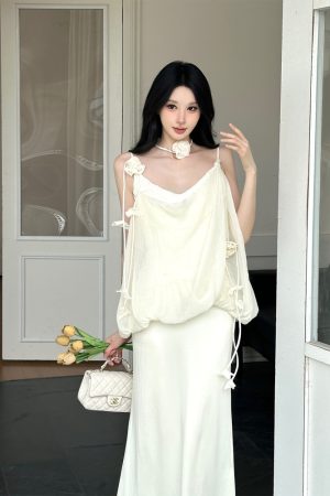 Puff Pleated Spaghetti Strap Dress - Elegant French Style Sleeveless Vacation Dress for Women - Spring Summer 90s Inspired Fashion