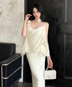 Puff Pleated Spaghetti Strap Dress - Elegant French Style Sleeveless Vacation Dress for Women - Spring Summer 90s Inspired Fashion