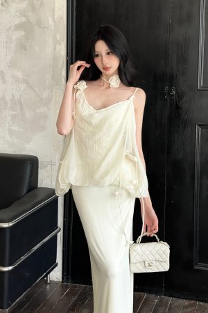 Puff Pleated Spaghetti Strap Dress - Elegant French Style Sleeveless Vacation Dress for Women - Spring Summer 90s Inspired Fashion