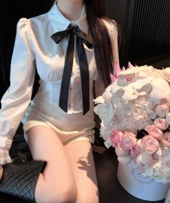 Puff Sleeve White Tie Inner Shirt for Women - Winter Short Waist-Fitting Top, Y2K Style