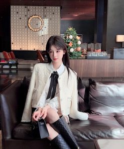 Puff Sleeve White Tie Inner Shirt for Women - Winter Short Waist-Fitting Top, Y2K Style