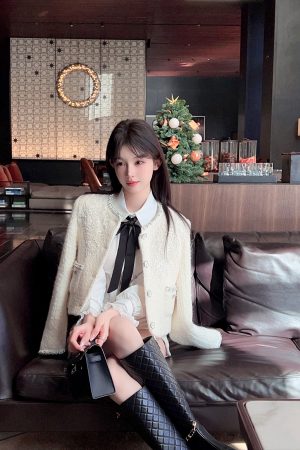 Puff Sleeve White Tie Inner Shirt for Women - Winter Short Waist-Fitting Top, Y2K Style