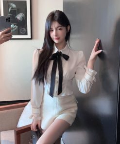 Puff Sleeve White Tie Inner Shirt for Women - Winter Short Waist-Fitting Top, Y2K Style