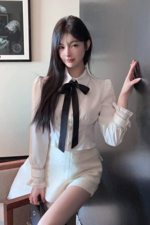 Puff Sleeve White Tie Inner Shirt for Women - Winter Short Waist-Fitting Top, Y2K Style