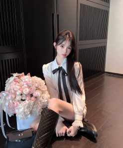 Puff Sleeve White Tie Inner Shirt for Women - Winter Short Waist-Fitting Top, Y2K Style