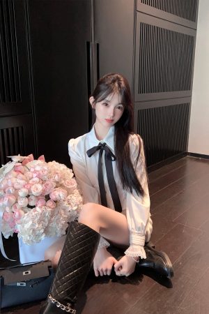 Puff Sleeve White Tie Inner Shirt for Women - Winter Short Waist-Fitting Top, Y2K Style