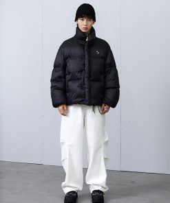Puffed Down Jacket with Roaring Beast Logo, 90s Inspired Outerwear, Trendy Winter Coat for Street Style and Urban Fashion