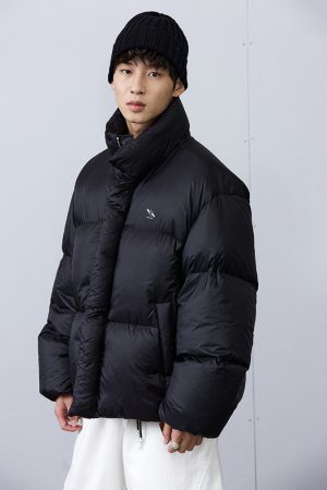 Puffed Down Jacket with Roaring Beast Logo, 90s Inspired Outerwear, Trendy Winter Coat for Street Style and Urban Fashion