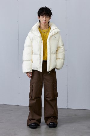 Puffed Down Jacket with Roaring Beast Logo, 90s Inspired Outerwear, Trendy Winter Coat for Street Style and Urban Fashion