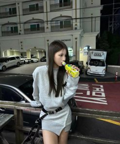 Pumpkin American-Style Spicy Girl Faux Two-Piece Fleece Sweatshirt Dress with Slit Design - Casual Fall Fashion