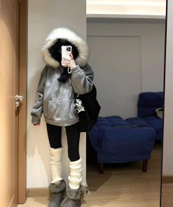 Pumpkin High-End Woolen Coat for Women with Heavy Fur Collar, Hooded Slim-Fit Cardigan Jacket, Trendy Outerwear