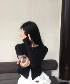 Pumpkin Hollowed-Out Round Neck Slim Fit Knitted Base Layer Top for Women - Two-Sided Layered Style for Autumn Winter 2025